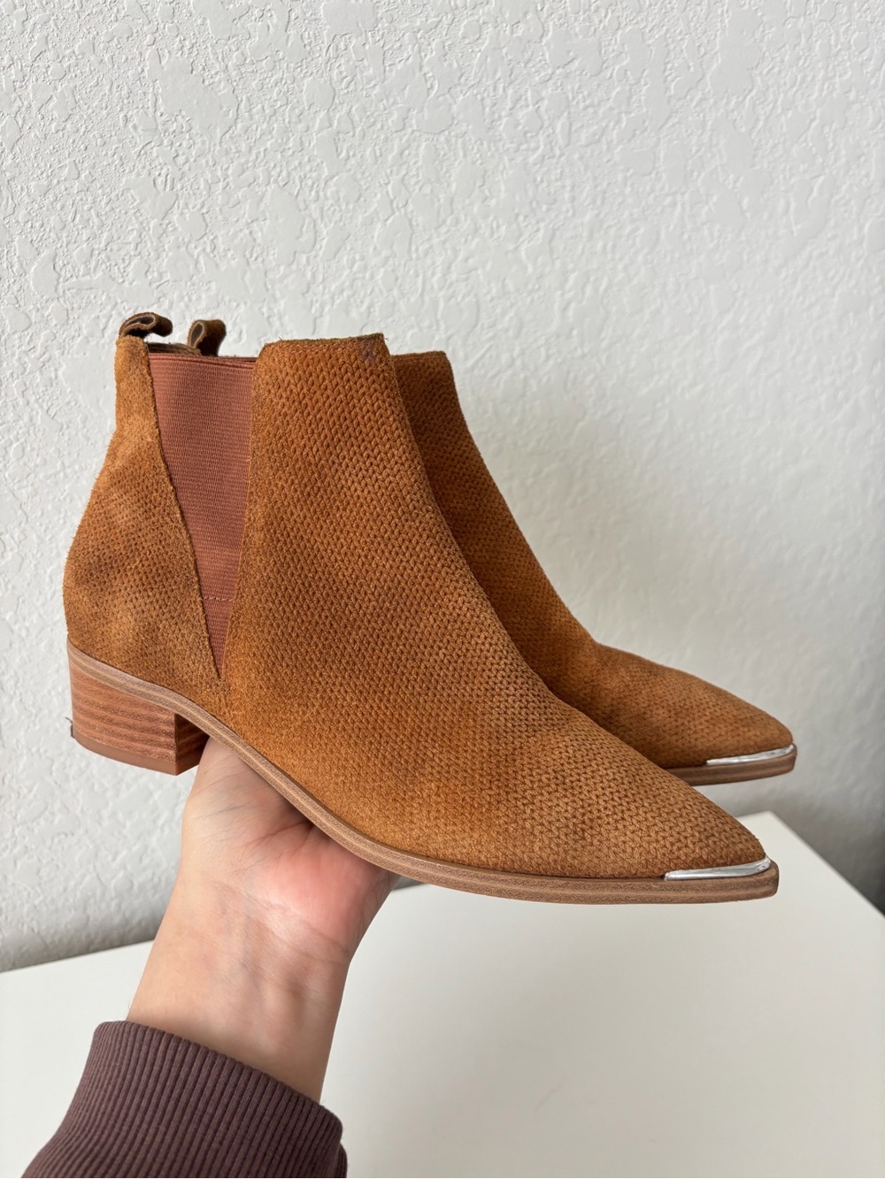 Marc Fisher Cognac Suede Pointed Chelsea Booties with Metallic Toe Size 6